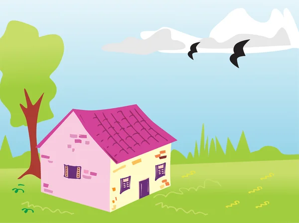 Paisaje verde con casa, ilustración — Vector de stock