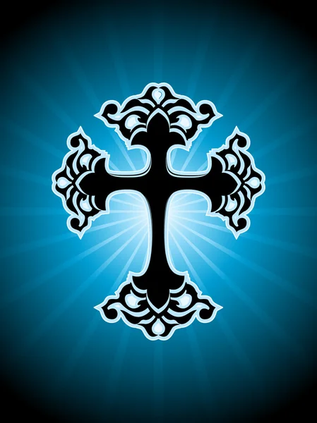 Чорний хрест з фоном променів — стоковий вектор