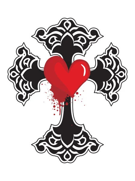 Croce con cuore rosso grungy — Vettoriale Stock