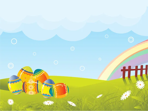 Hintergrund mit Regenbogen, dekoriertes Ei — Stockvektor