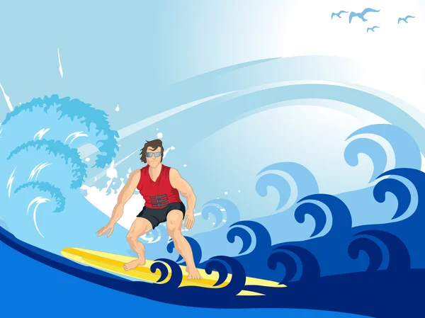 Homme surfrider sur la crête des vagues — Image vectorielle