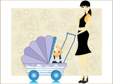 Heart background, baby in a pram clipart