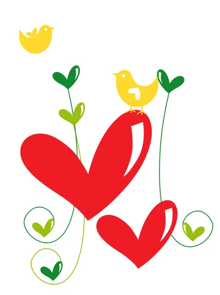 Forma de corazón rojo con pájaro amarillo — Vector de stock