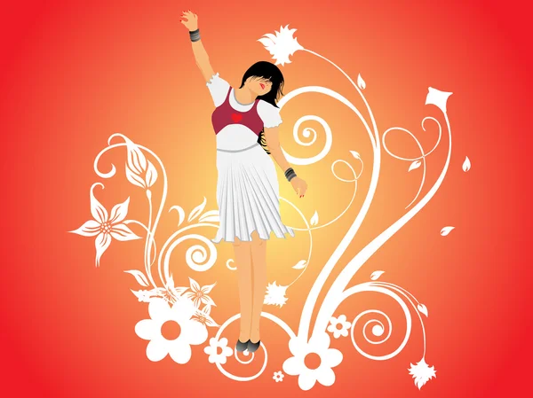 Vector chica bailando y floral — Vector de stock