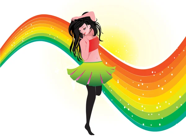 矢量跳舞的女孩和彩虹 — 图库矢量图片