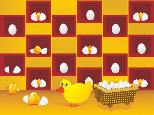 Ilustración vectorial de gallina con huevos y polluelo recién nacido — Archivo Imágenes Vectoriales