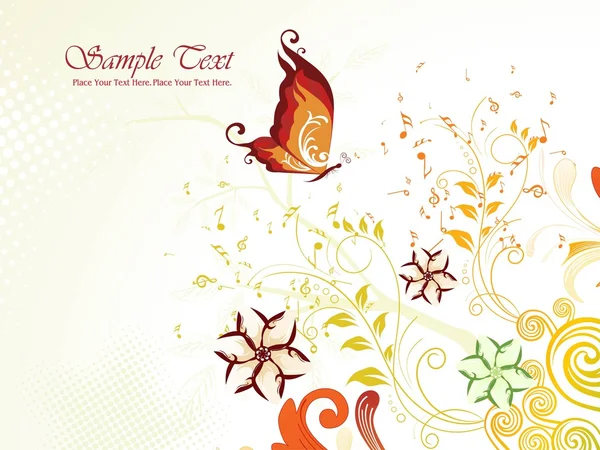 Квітковий фон з музичними нотами, метелик — стоковий вектор