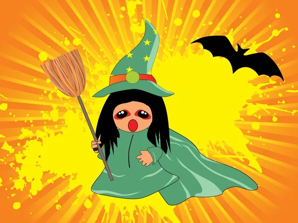 Grungy background with witch holding broom — Stock Vector