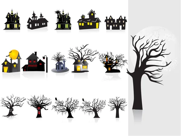 Fundo com casa de Halloween, árvore — Vetor de Stock