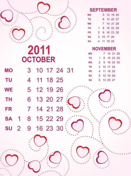 Srdce pozadí kalendáře pro rok 2011 — Stockový vektor