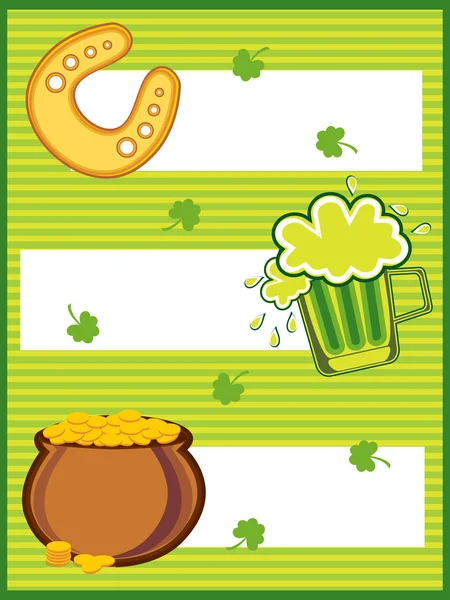 Abstract Green Patrick Day Background Beer Mug Horseshoe Golden Coins — Stock Vector
