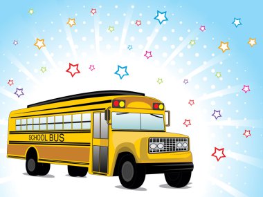 Abstract rays, colorful star background with school bus, vector illustration clipart