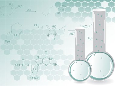 Honeycomb background with chemical formula, laboratory flask clipart