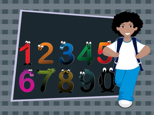 Πολύχρωμο Funky Αριθμούς Φόντο Αγόρι Που Πηγαίνει Σχολείο — Διανυσματικό Αρχείο
