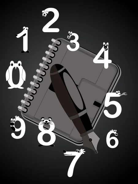 Hintergrund mit Stift, Tagebuch und flippigen Zahlen — Stockvektor