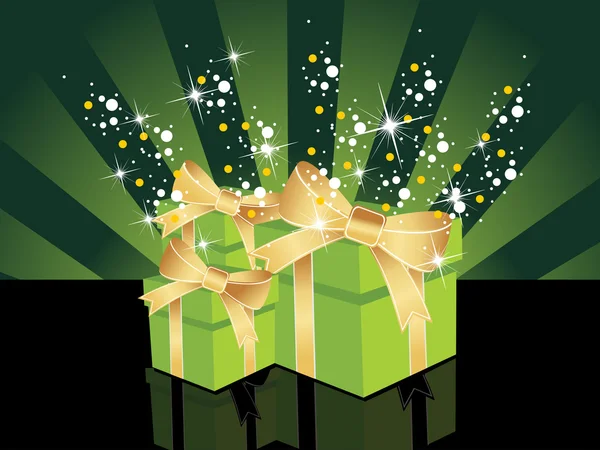 Abstract Green Rays Twinkle Star Backgorund Gift Box — Stock Vector