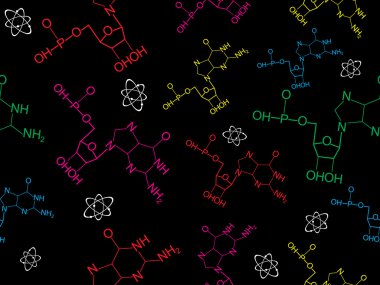 Abstract black background with chemical formula, atom structure clipart