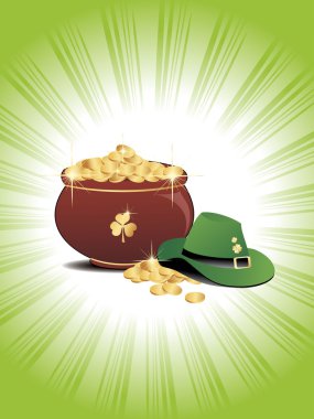 Abstract green rays background with gold coins earthenware, leprechaun hat clipart