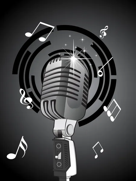 Fundo com notas musicais, microfone — Vetor de Stock