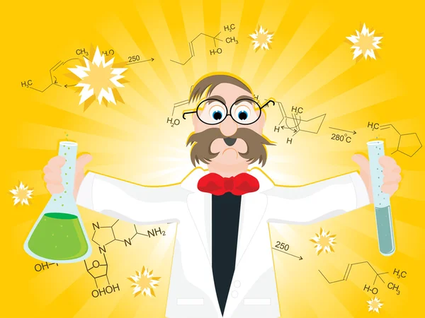 Αφηρημένη Κίτρινο Ακτίνες Χημικών Τύπων Φόντο Τον Καθηγητή Κρατώντας Εργαστήριο — Διανυσματικό Αρχείο