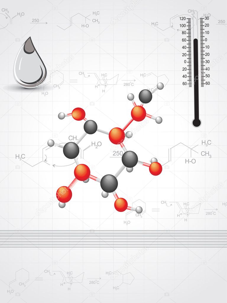 Chemical formula background with drop, molecules and thermometer