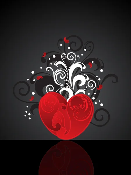 Abstract Black Background Floral Decorated Red Heart — Stock Vector