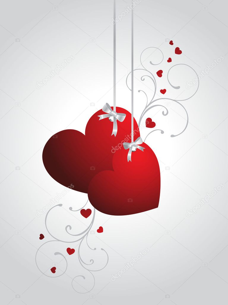 abstract grey background with hanging decorated red hearts
