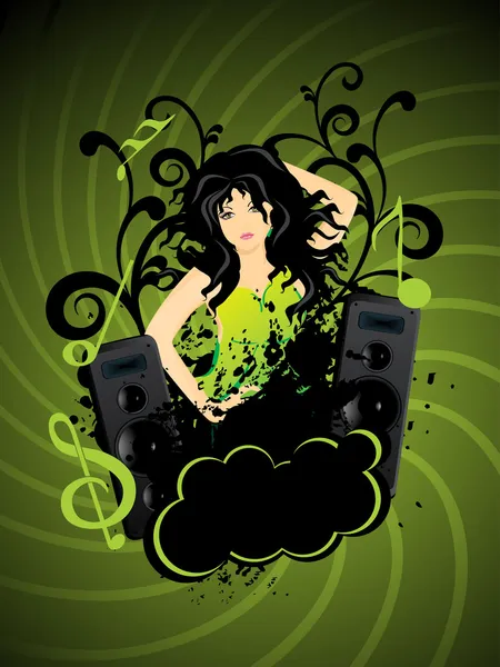 Abstract Black Floral Background Grungy Speaker Musical Notes Dancer — Stock Vector