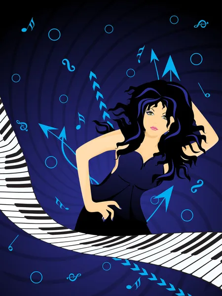 Абстрактне Синє Коло Фон Стрілками Сексуальною Танцівницею Криве Піаніно — стоковий вектор