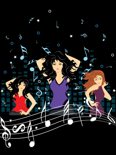 Black Musical Notes Equalizer Background Sexy Dancers — Stock Vector