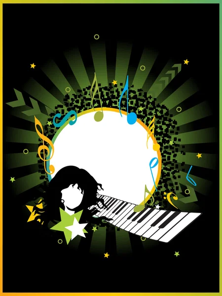 Abstract Green Rays Musical Notes Background Piano Lady Silhouette — Stock Vector