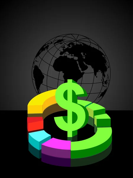 Black Globe Background Colorful Pie Graph Dollar Symbol — Stock Vector