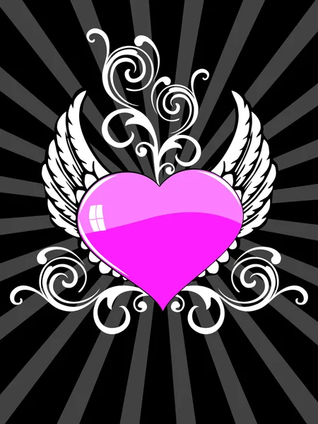 翼、花と背景装飾ピンクハート — ストックベクタ