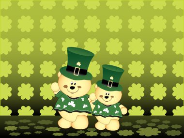 Abstract shamrock pattern background with set of cute taddy leprechaun clipart