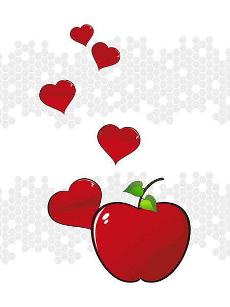 background with fresh red apple, heart