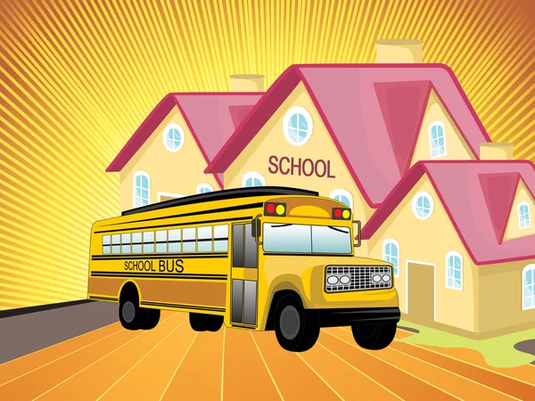Ays φόντο με το σχολείο, το σχολικό λεωφορείο — Διανυσματικό Αρχείο