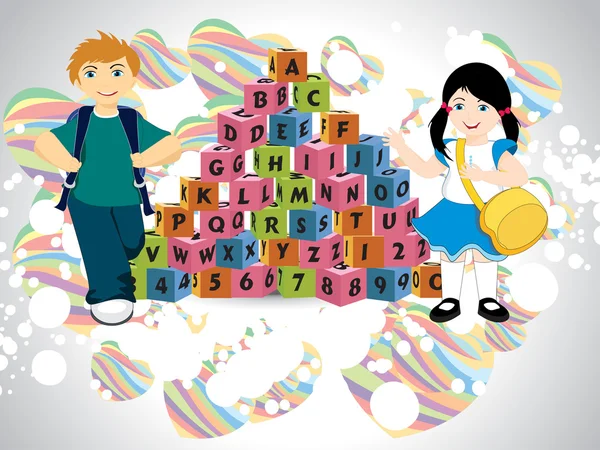 Hintergrund mit niedlichen Studenten, Alphabet-Würfel — Stockvektor