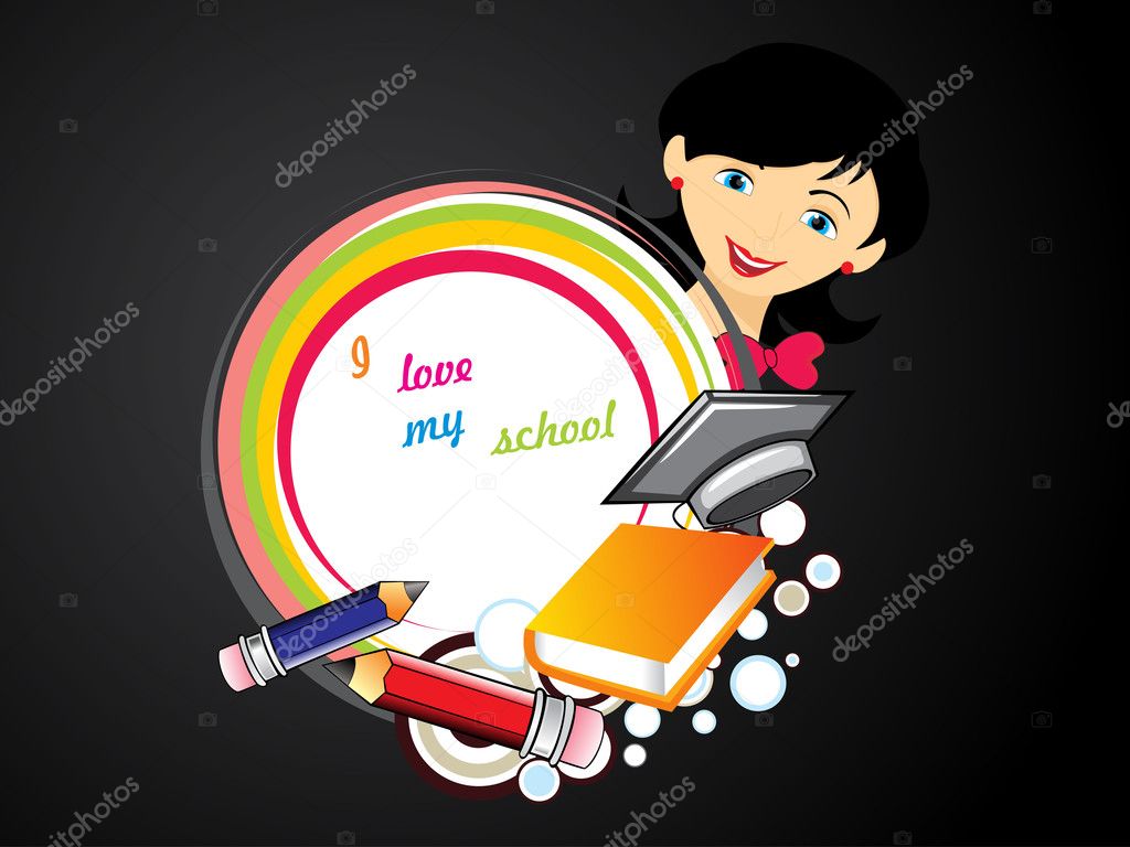 background with education supplies, girl