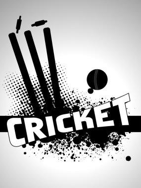 Grungy cricket background with stamp and leather ball clipart