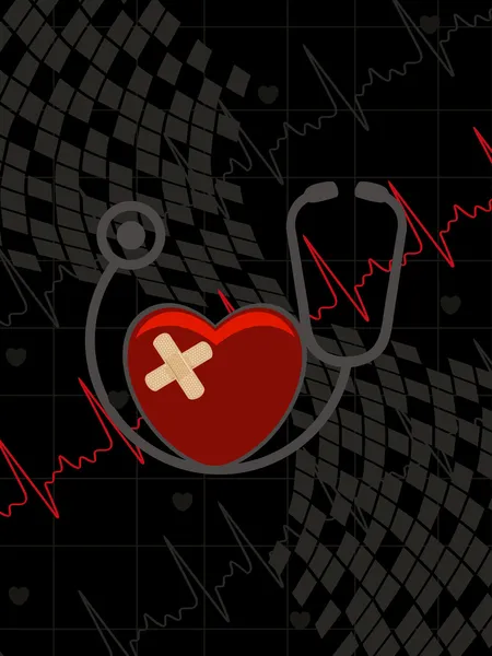 背景与听诊器，红色损害心脏 — 图库矢量图片