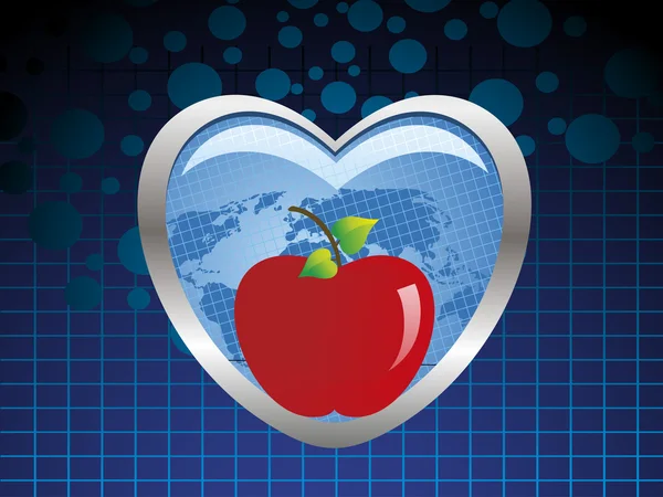 背景与新鲜的红苹果，在蓝色的心 — 图库矢量图片