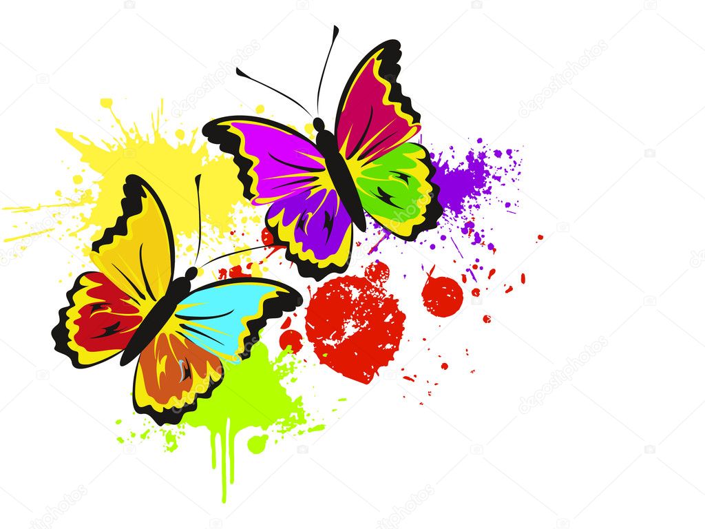 colorful grunge background with beautiful butterflies