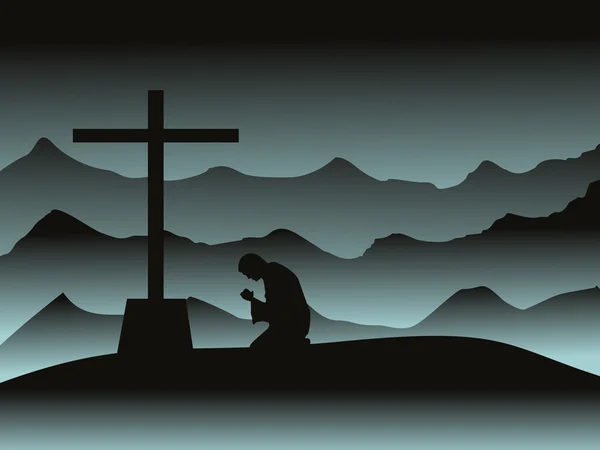 Fondo de montaña con el hombre rezando en la noche — Vector de stock