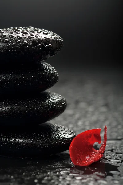 禅宗石头和玫瑰花瓣在黑色的背景 — 图库照片