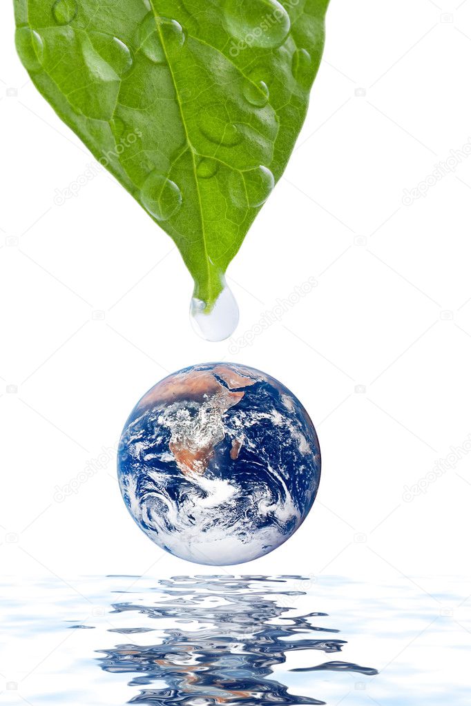 Water drop falling onto earth planet isolated