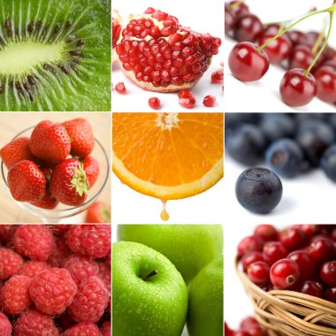 Colorful fruit collage of nine photos clipart