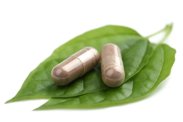 Macro de pílulas de prescrição sobre folha verde isolado — Fotografia de Stock
