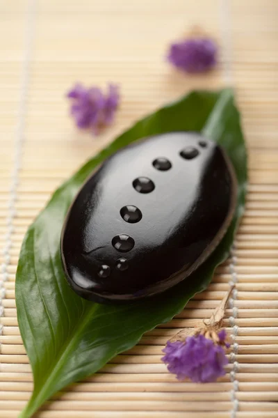 Zen stone en blad met waterdruppels — Stockfoto