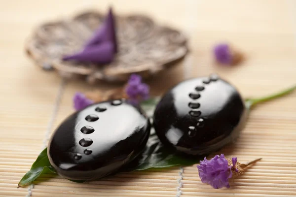 Zen pedras e folhas com gotas de água — Fotografia de Stock