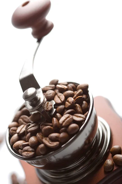 Roasted coffee beans in coffee grinder isolated — Stock Photo, Image